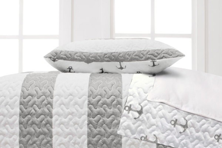 FaFurn 3 Piece Nautical Stripped/Anchors Reversible Microfiber Quilt Set - Gray, Full/Queen Size