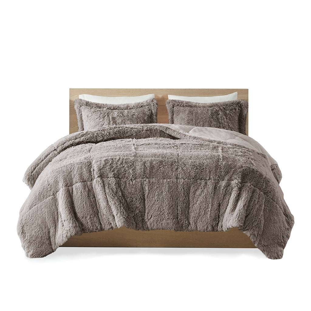 FaFurn 3-Piece Full/Queen Size Comforter Set with Pillow Shams - Gray, Soft Sherpa Faux Fur