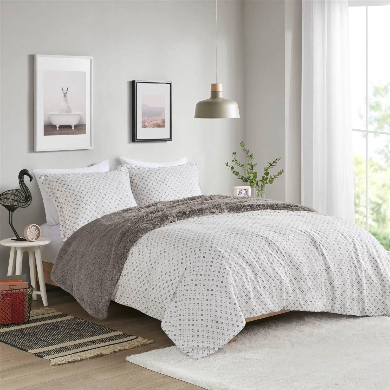 FaFurn 3-Piece Reversible Full/Queen Size Comforter Set - Gray, Soft Sherpa Faux Fur