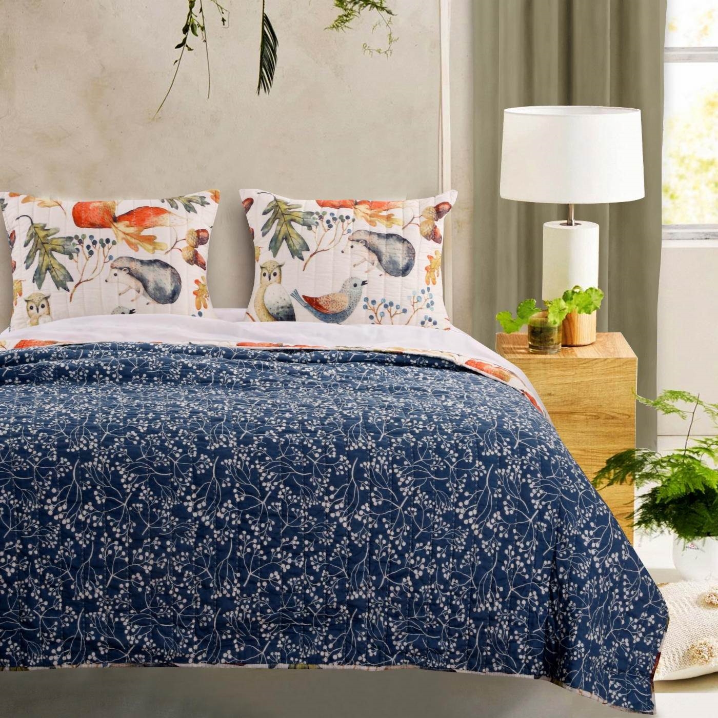 FaFurn Full/Queen Size Floral Reversible Quilt Set - Blue/Beige, Microfiber