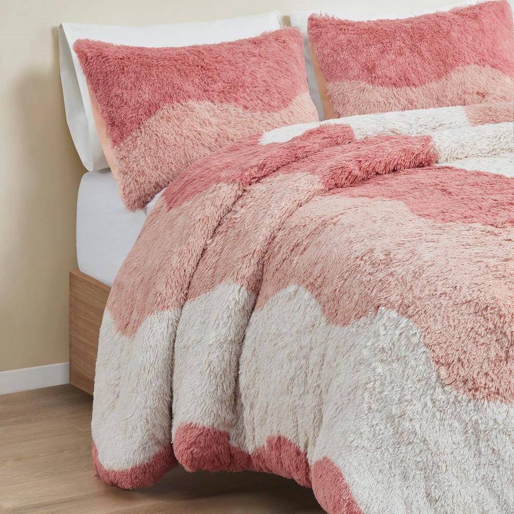 FaFurn - 3-Piece Reversible Full/Queen Size Comforter Set in Pink/White, Soft Sherpa Faux Fur