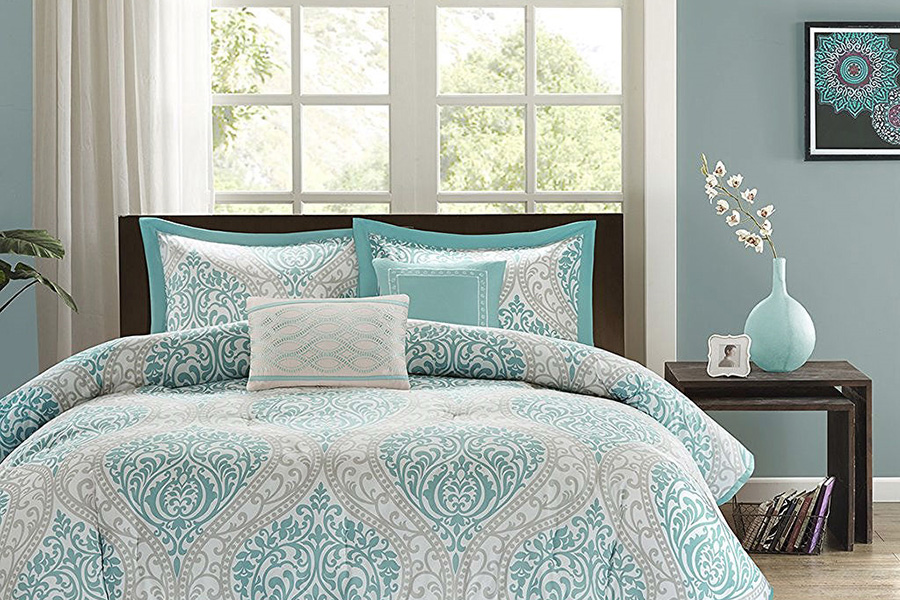 FaFurn - 5-Piece Full/Queen Size Comforter Set in Light Blue/Gray