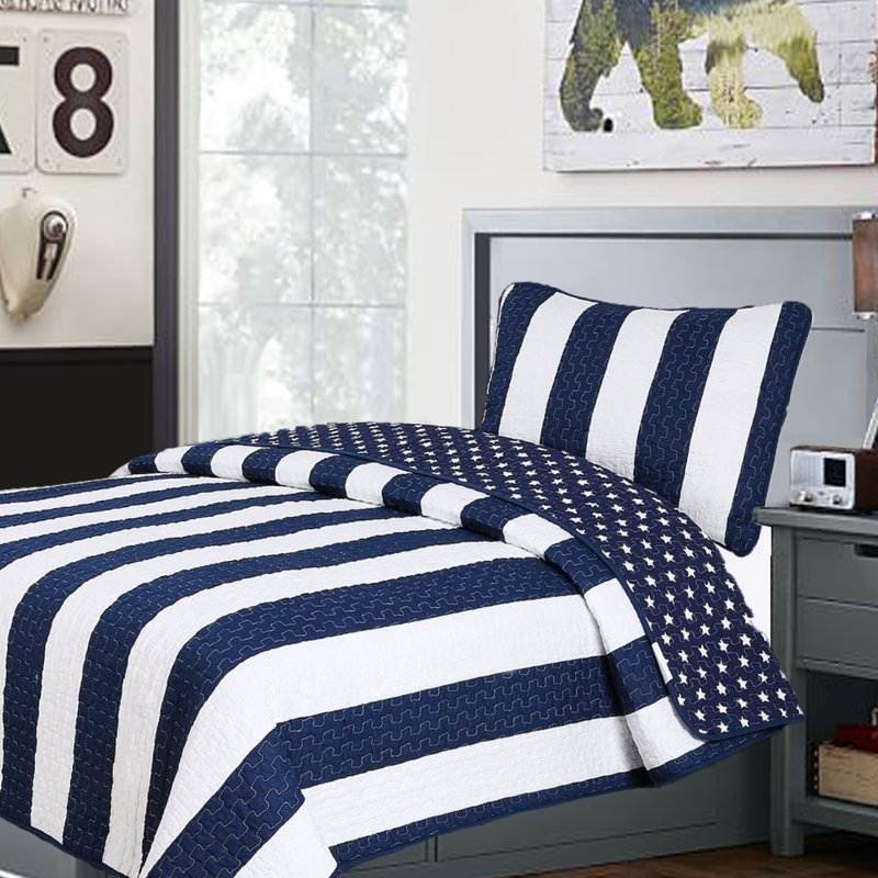 FaFurn 3-Piece Full/Queen Size Reversible Stars Quilt Set - Navy Blue/White, Cotton