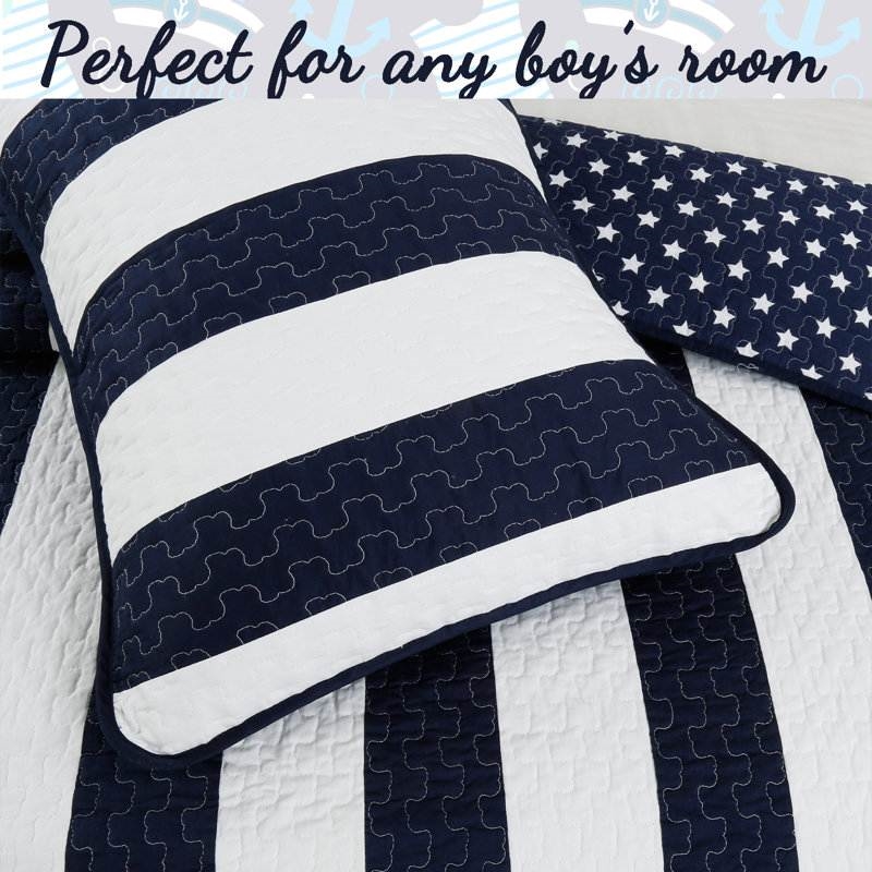 FaFurn 3-Piece Full/Queen Size Reversible Stars Quilt Set - Navy Blue/White, Cotton