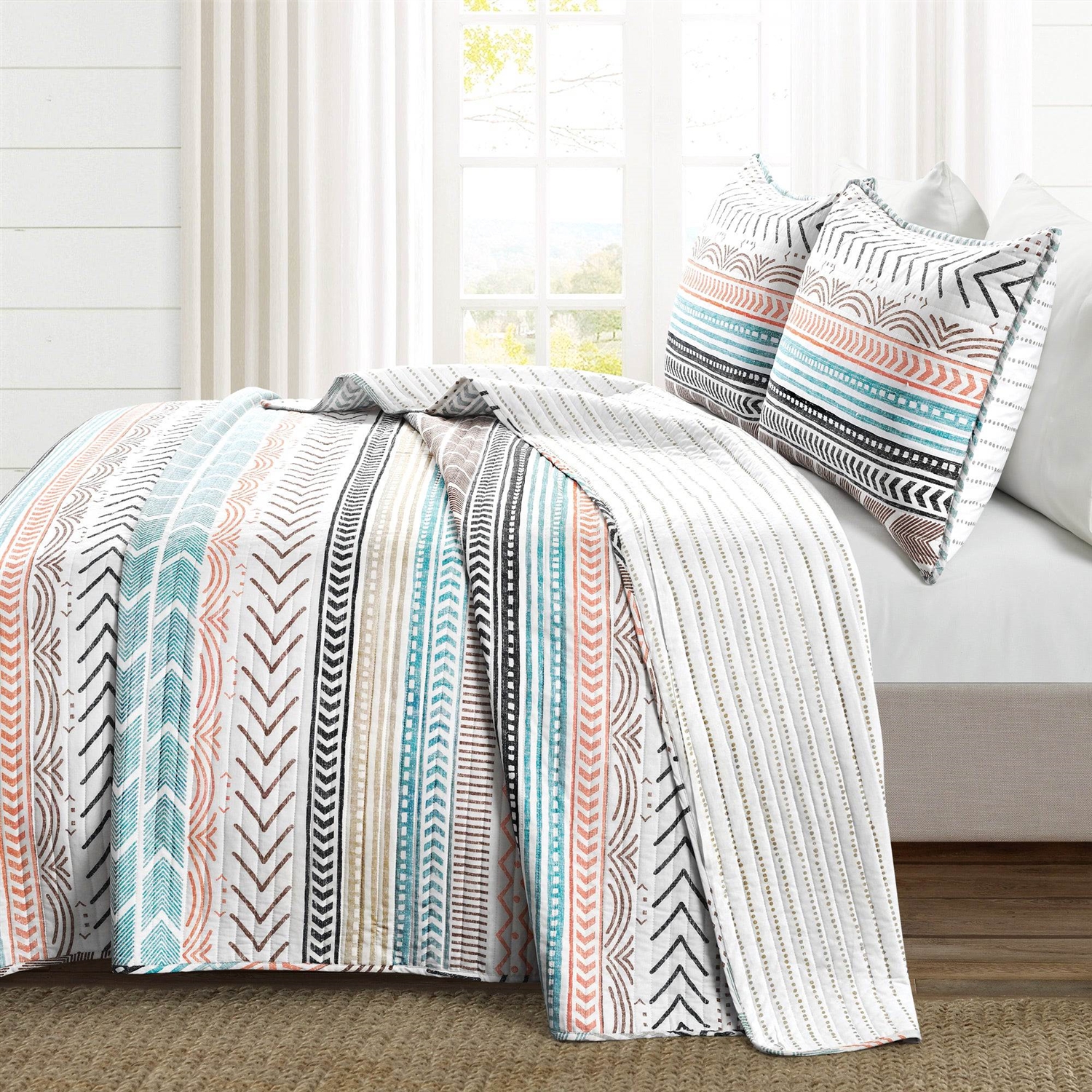 FaFurn Full/Queen Size Scandinavian Reversible Quilt Set - Teal White/Orange, Cotton