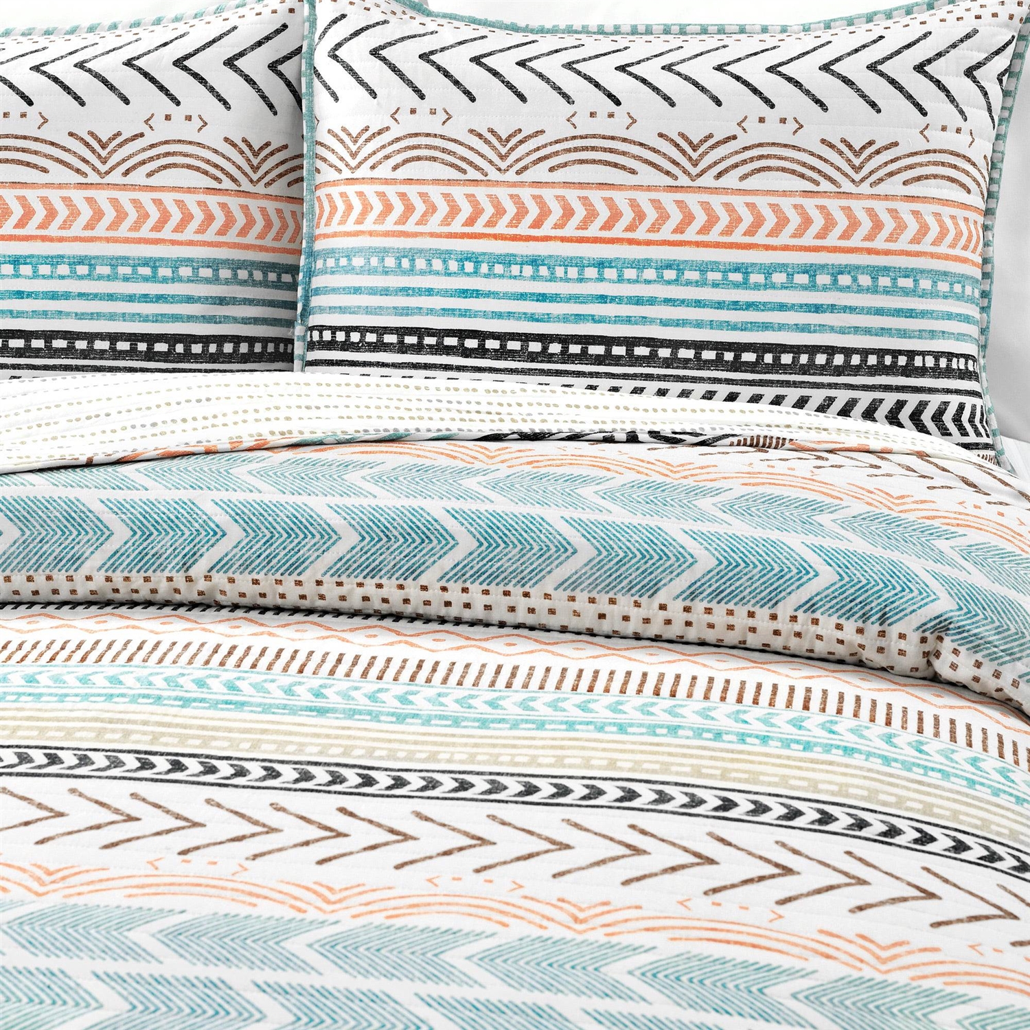 FaFurn Full/Queen Size Scandinavian Reversible Quilt Set - Teal White/Orange, Cotton