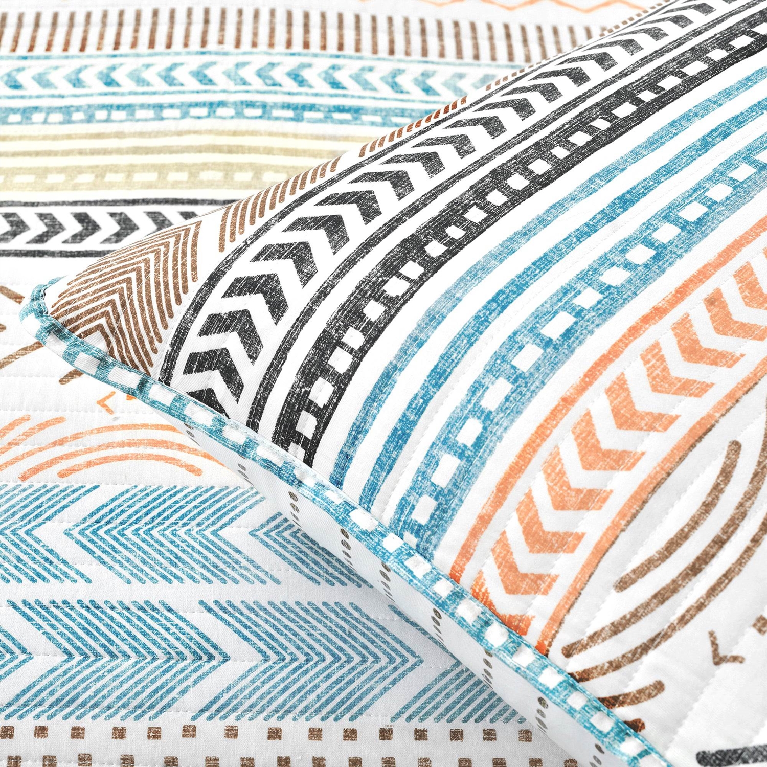 FaFurn Full/Queen Size Scandinavian Reversible Quilt Set - Teal White/Orange, Cotton