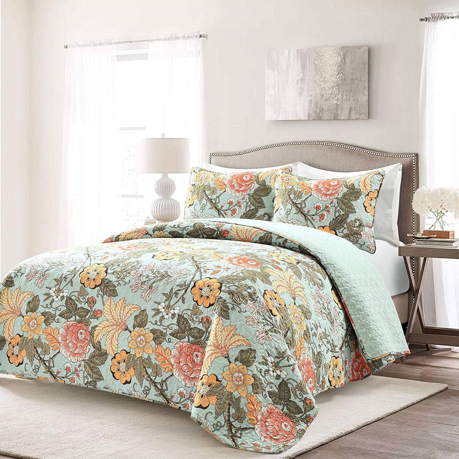 FaFurn 3-Piece Full/Queen Size Farmhouse Reversible Quilt Set - Teal Blue, Cotton