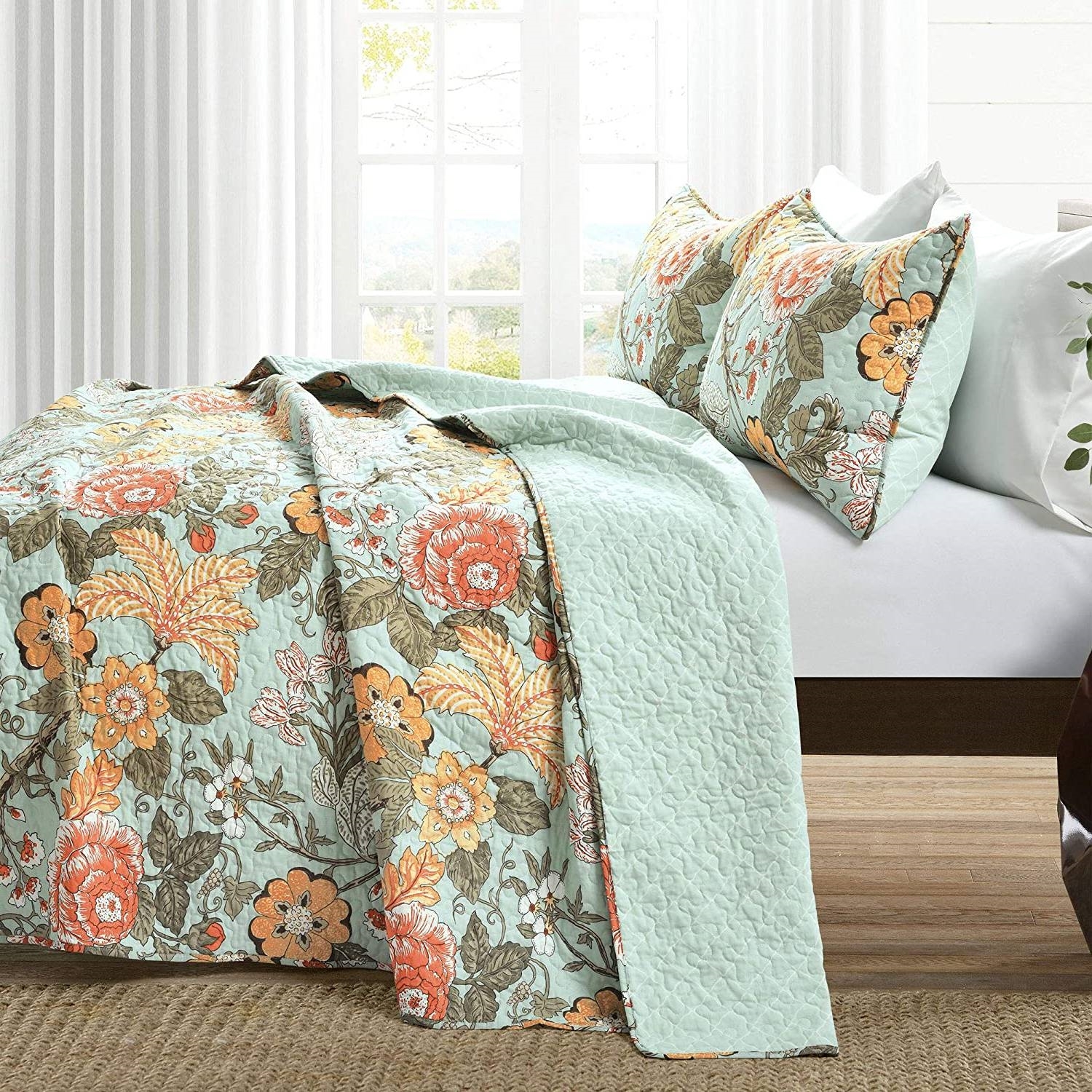 FaFurn 3-Piece Full/Queen Size Farmhouse Reversible Quilt Set - Teal Blue, Cotton