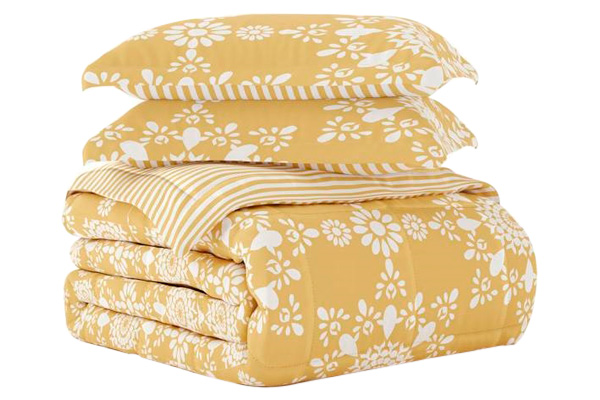 FaFurn Full/Queen Size 3-Piece Striped Floral Reversible Comforter Set - Yellow/White, Microfiber/Polyester