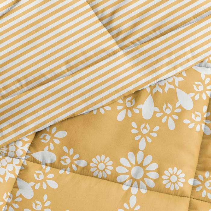 FaFurn Full/Queen Size 3-Piece Striped Floral Reversible Comforter Set - Yellow/White, Microfiber/Polyester