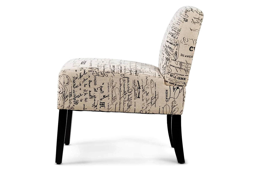 FaFurn™ - Modern Accent Chair Off-White French Cursive Pattern Upholstery with Black Wood Legs