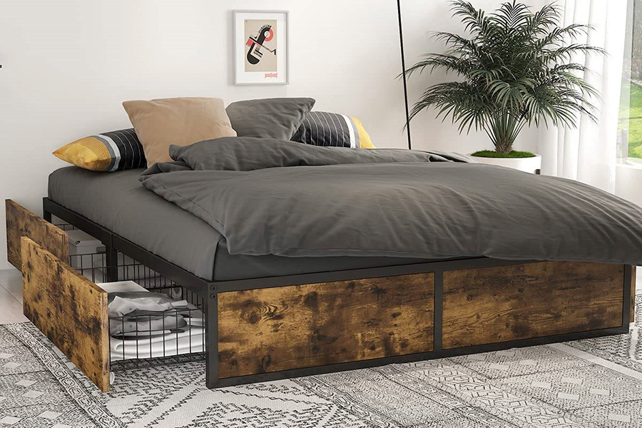 FaFurn Metal Wood Platform Bed Frame with 4 Storage Drawers - Full Size