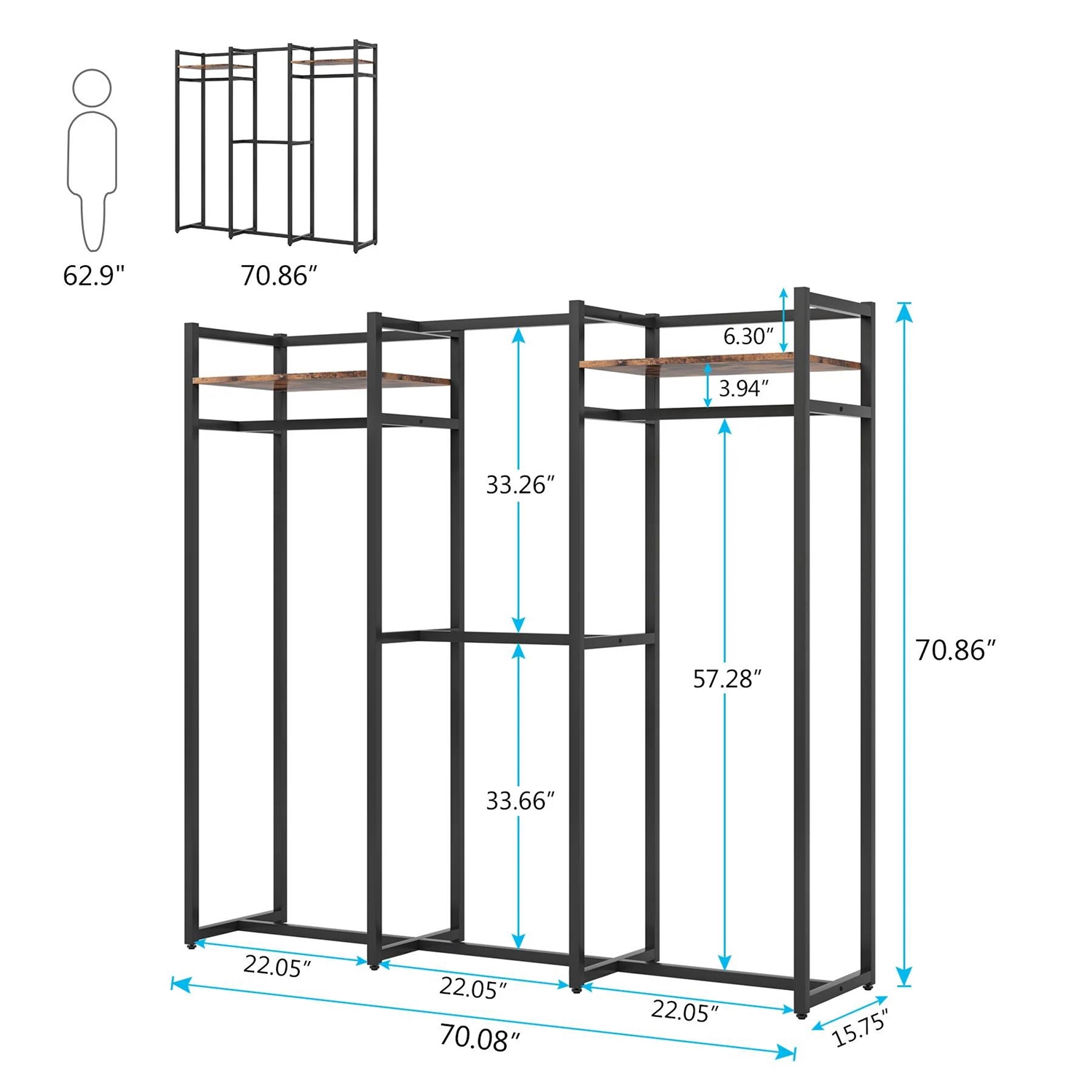 FaFurn Garment Rack Clothes with 4 Clothes Hanging Rods and 2 Wood Storage Shelves - Black, Metal