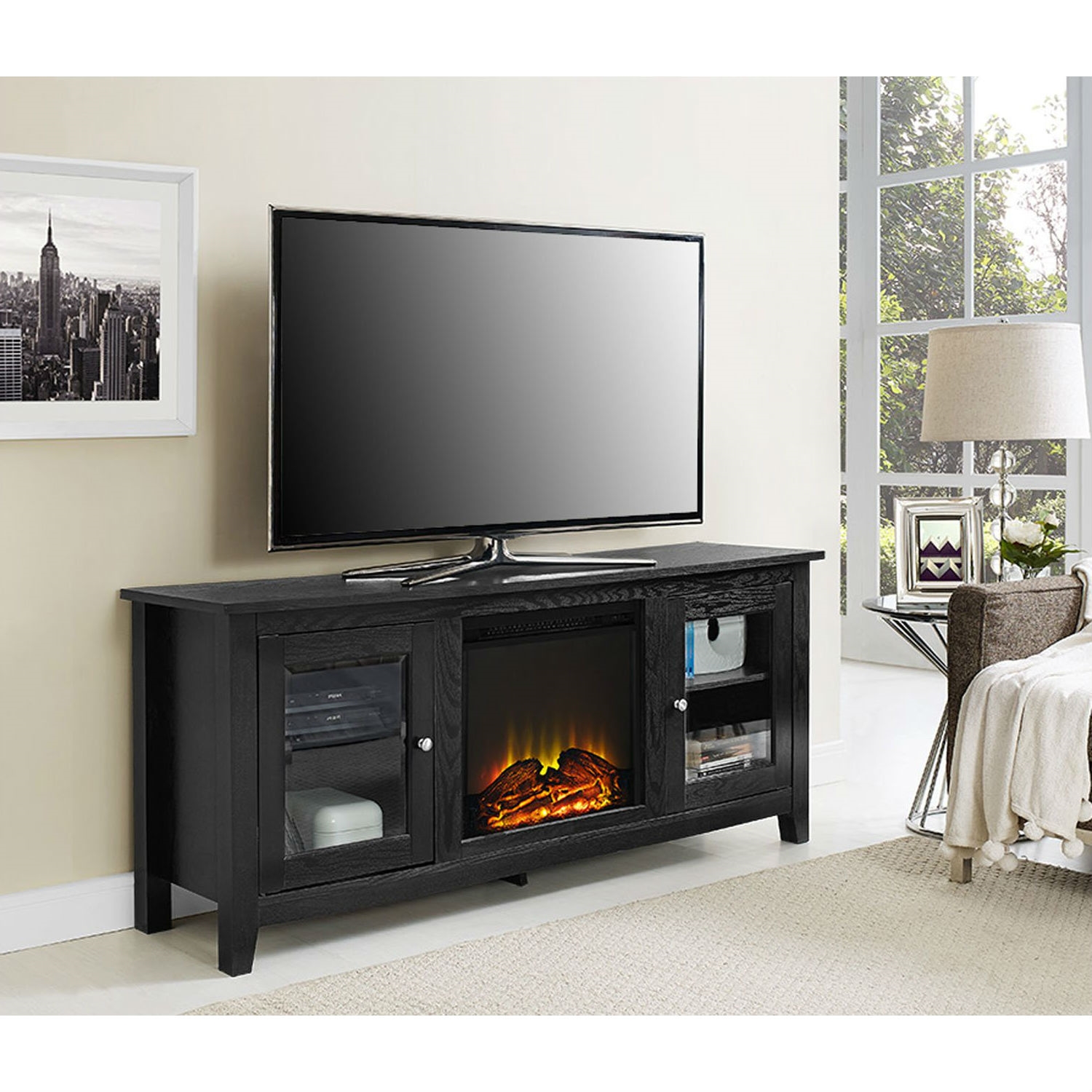 FaFurn - 2-in-1 TV Stand with Electric Fireplace Heater in Black, Wood