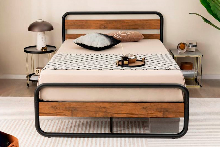 FaFurn - Industrial Platform Bed with Headboard and Footboard