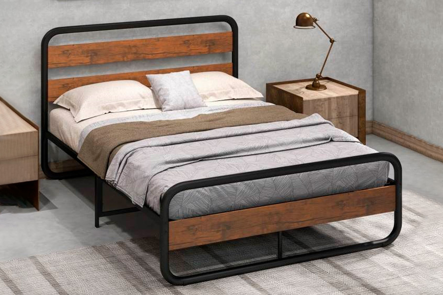 FaFurn Industrial Full Size Platform Bed with Headboard and Footboard - Black, Metal/Wood