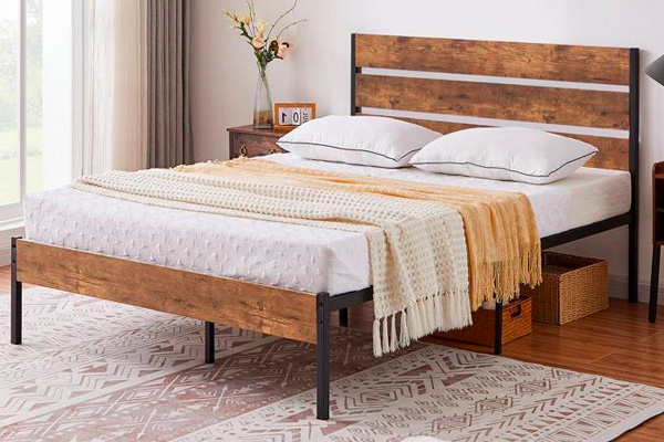 FaFurn Industrial Full Size Platform Bed with Wood Slatted Headboard - Brown, Wood