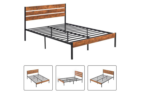 FaFurn Industrial Full Size Platform Bed with Wood Slatted Headboard - Brown, Wood