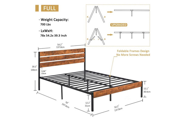 FaFurn Industrial Full Size Platform Bed with Wood Slatted Headboard - Brown, Wood