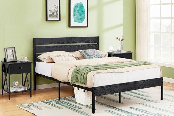 FaFurn Industrial Full Size Platform Bed with Wood Slatted Headboard - Black, Wood