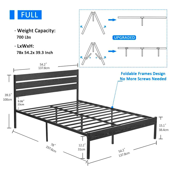 FaFurn Industrial Full Size Platform Bed with Wood Slatted Headboard - Black, Wood