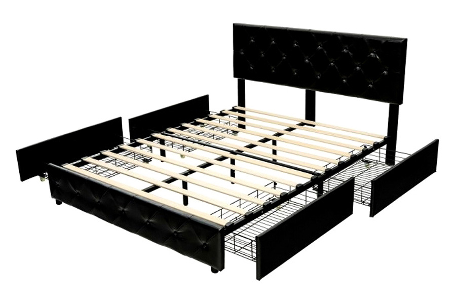 FaFurn Pu Leather Button Tufted Platform Bed with 4 Storage Drawers - Black, Full Size