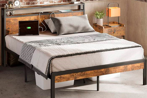 FaFurn Industrial Full Size Platform Bed with Storage Headboard - Black/Walnut, Metal/Wood