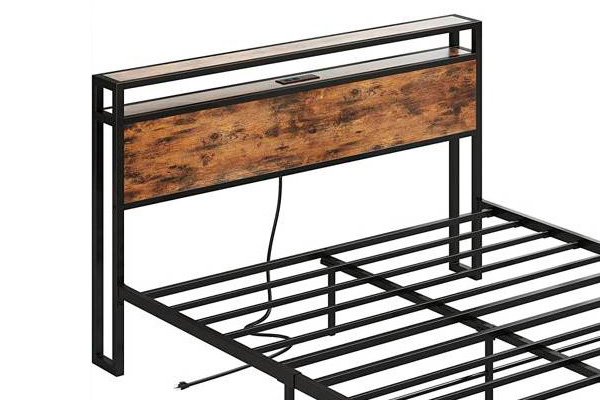 FaFurn Industrial Full Size Platform Bed with Storage Headboard - Black/Walnut, Metal/Wood