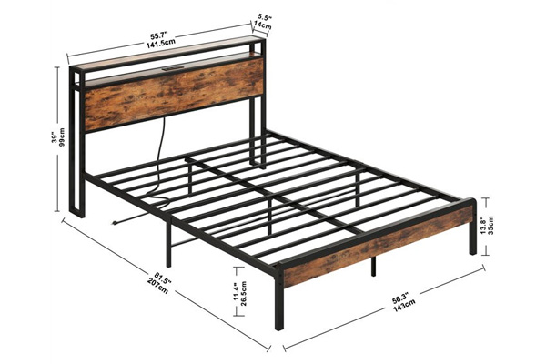 FaFurn Industrial Full Size Platform Bed with Storage Headboard - Black/Walnut, Metal/Wood