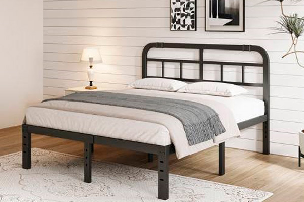 FaFurn Full Size Platform Bed with Headboard - Black, Metal