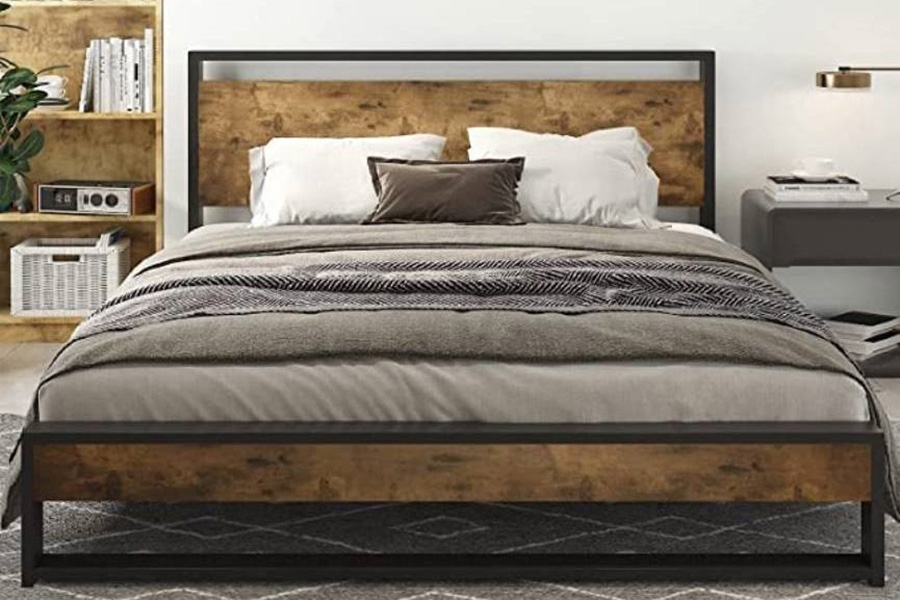 FaFurn Modern Farmhouse Platform Bed Frame with Wood Panel Headboard Footboard - Wood/Black, Full Size