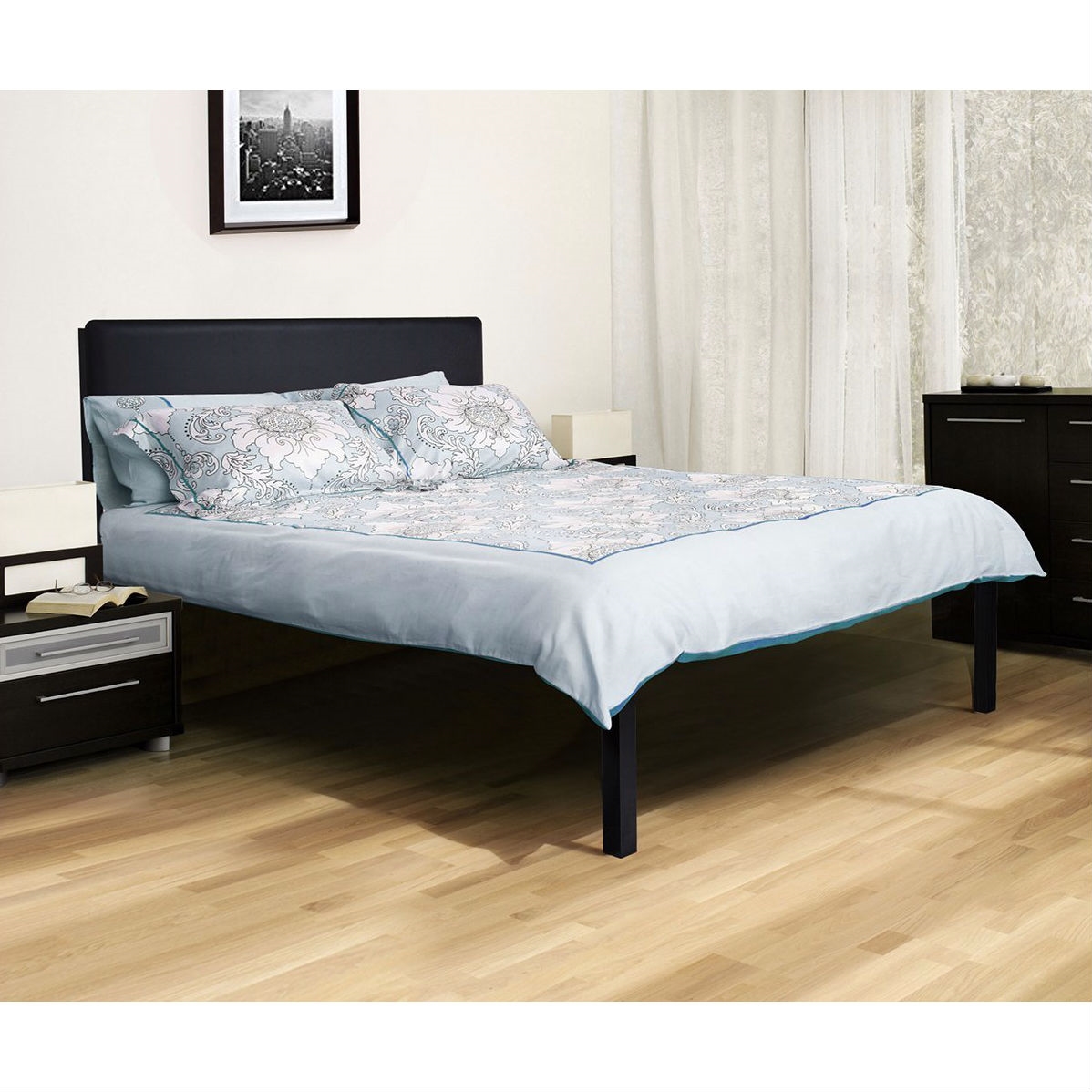 FaFurn - Full Size Platform Bed Frame with Black Padded Headboard in Black, Metal