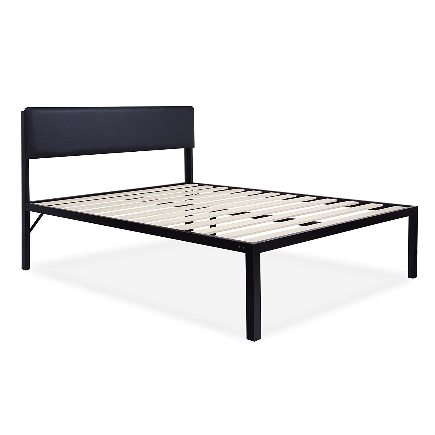 FaFurn - Full Size Platform Bed Frame with Black Padded Headboard in Black, Metal