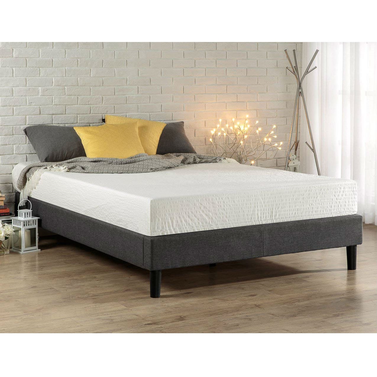 FaFurn - Full Size Platform Bed Frame with Padded Gray Upholstery