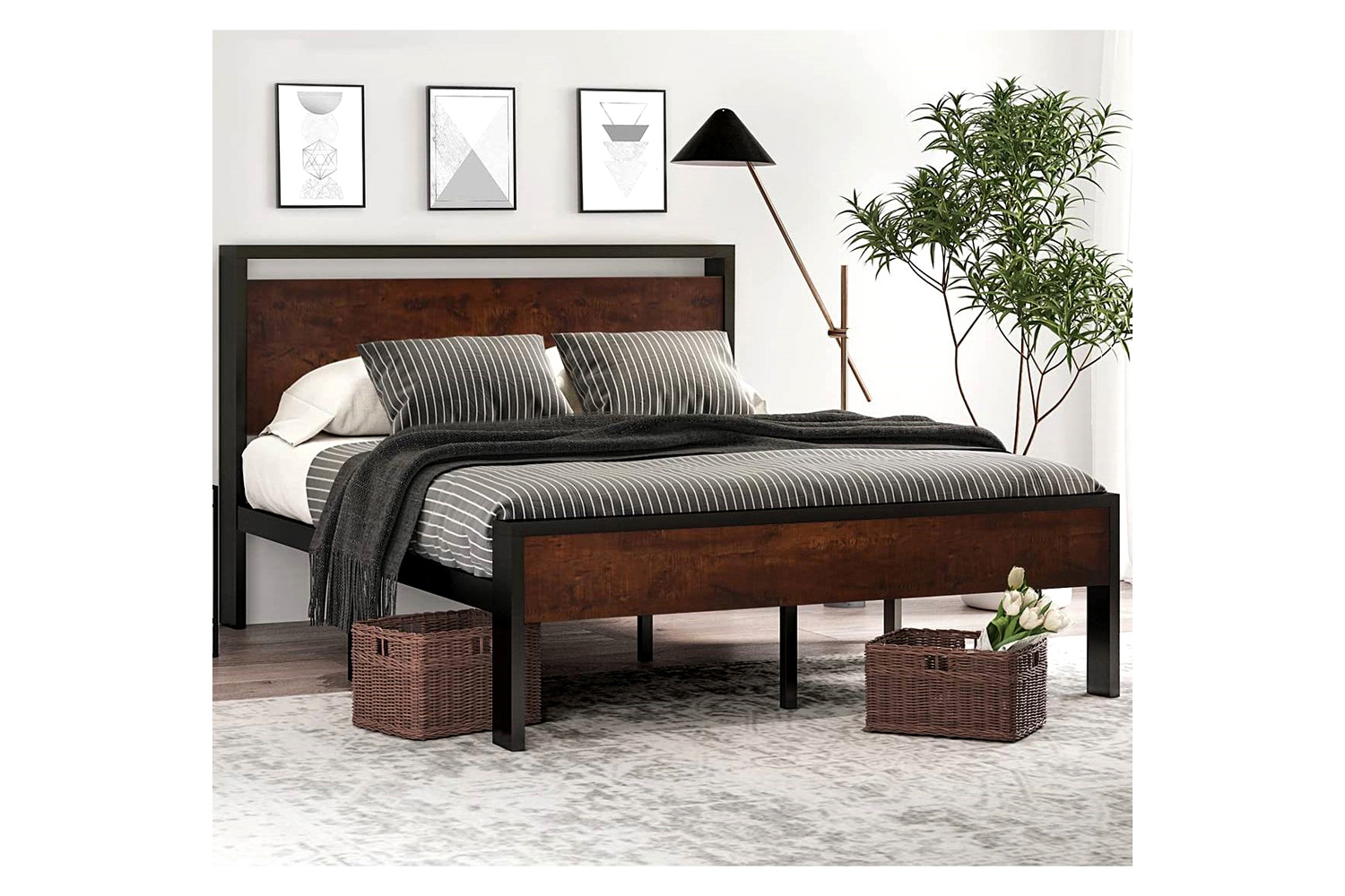 FaFurn - Modern Farmhouse Platform Bed Frame with Wood Panel Headboard Footboard