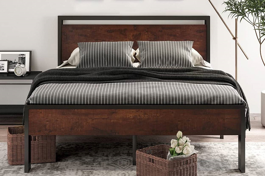 FaFurn Modern Farmhouse Platform Bed Frame with Wood Panel Headboard Footboard - Mahogany/Black, Full Size