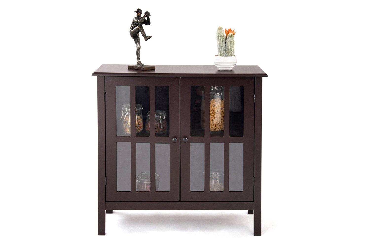 FaFurn Wood Sideboard Buffet Cabinet with Glass Panel Doors - Brown