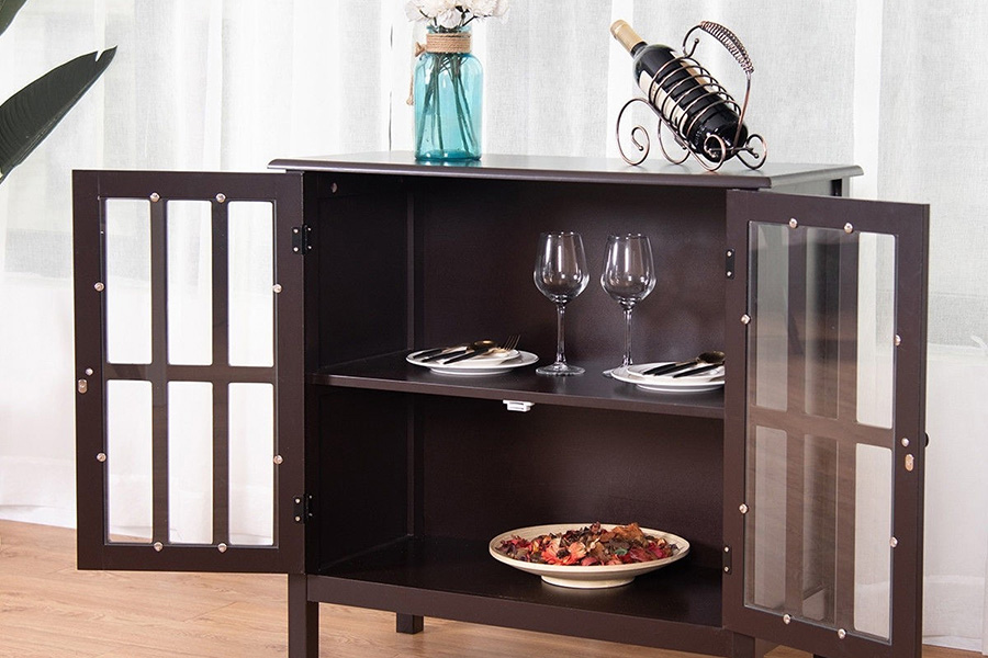 FaFurn Wood Sideboard Buffet Cabinet with Glass Panel Doors - Brown