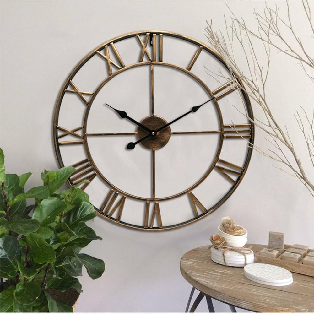 FaFurn Decorative Non-Ticking Wall Clock with Roman Numerals - Gold, Metal