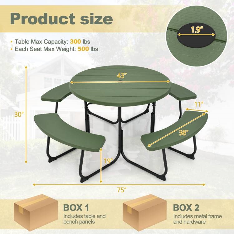 FaFurn 8 Seater Picnic Table with Umbrella Hole - Green, Metal/HDPE