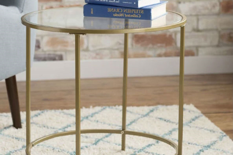 FaFurn - Round Glass Top End Table Nightstand with Gold Metal Frame