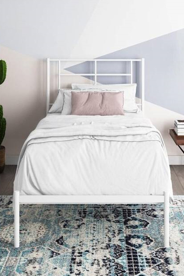 FaFurn Twin Size Modern White Metal Platform Bed with Geometric Headboard - White