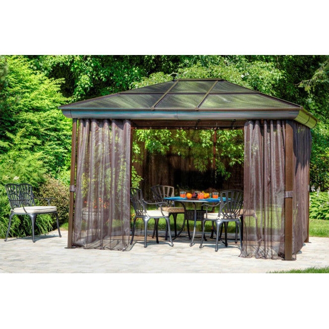 FaFurn - Gazebo with UV Blocking Panels Canopy and Curtains in Brown, Metal