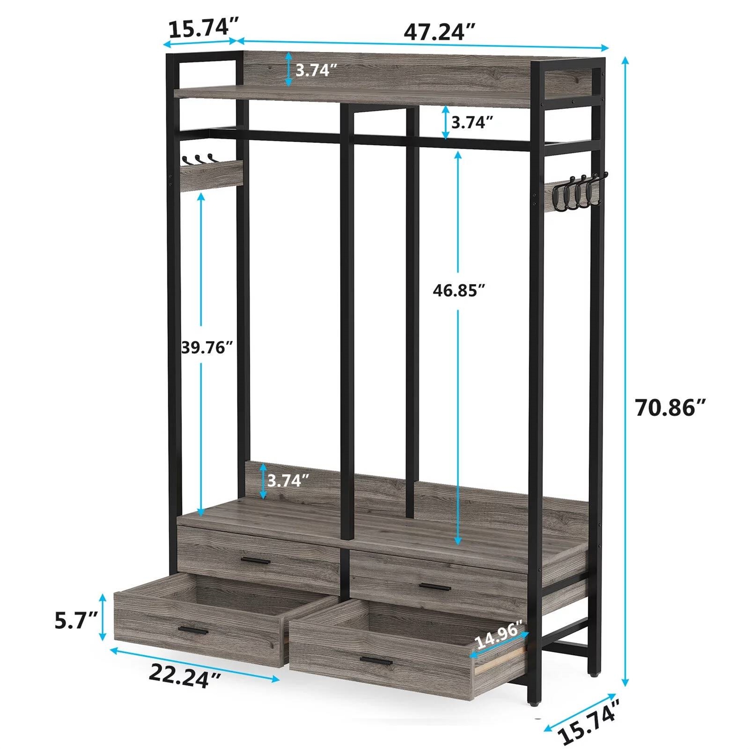 FaFurn Garment Rack Clothes with Clothes Hanging Rod and 4 Storage Drawers - Gray, Metal