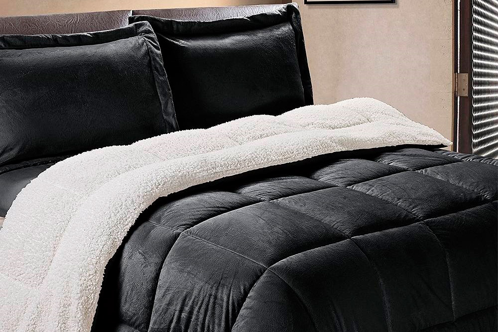 FaFurn Full Size 3-Piece Resistant Comforter Set - Black, Cozy Faux Fur/Polyester