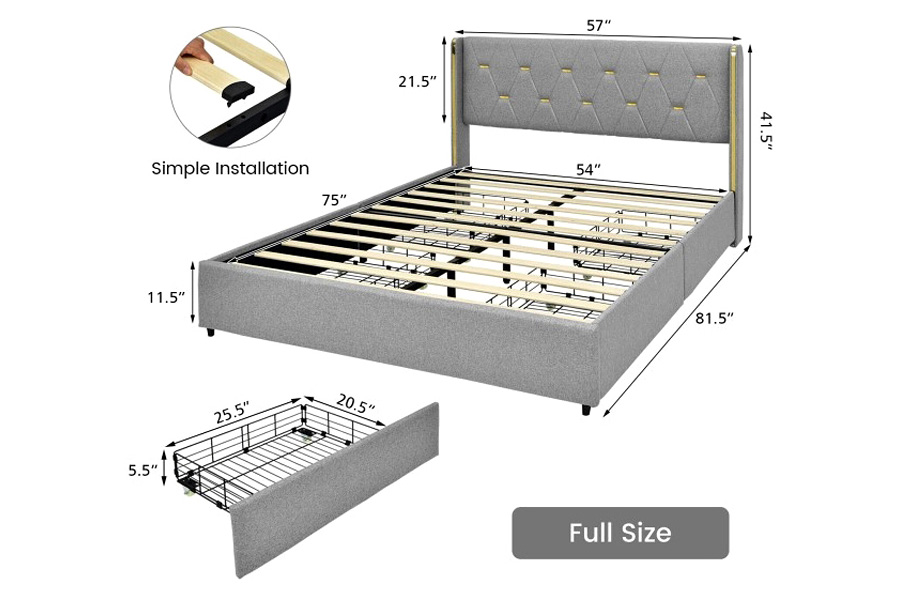 FaFurn Linen Headboard 4 Drawer Storage Platform Bed - Gray/Gold, Full Size