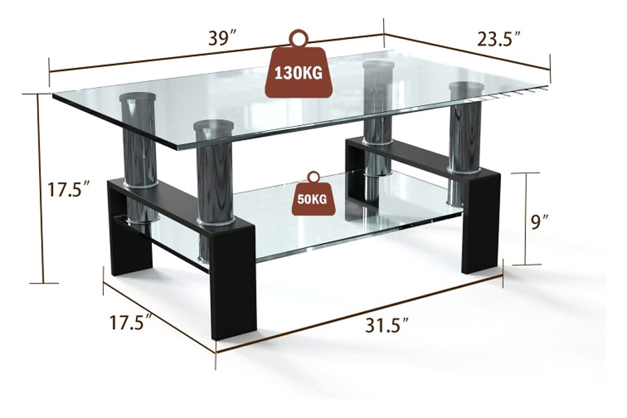 FaFurn Modern 2 Tier Glass Coffee Table with Black Metal Legs