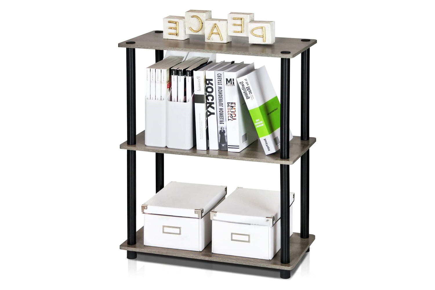 FaFurn - Gray Oak and Black Finish 3-Tier Bookcase