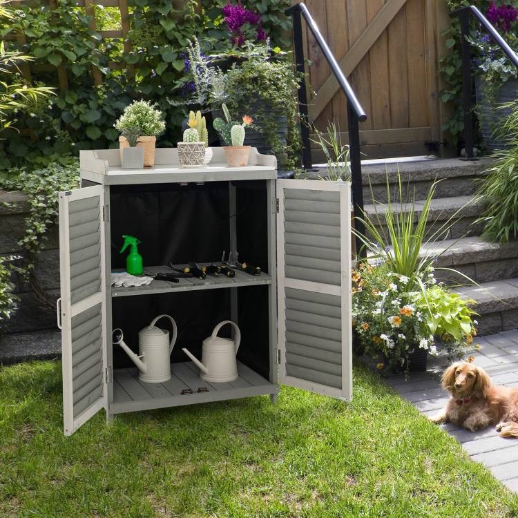 FaFurn - Garden Potting Bench Table with Metal Top in Gray, Fir Wood